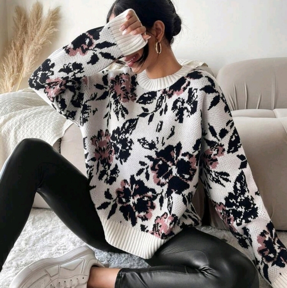 Floral Pattern Drop Shoulder Sweater - Picture 1 of 4